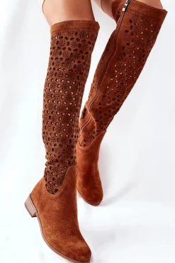 Damskie Boto Zamszowe Kozaki Z Ażurowym Wzorem Brązowe Pointe