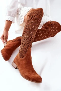 Damskie Boto Zamszowe Kozaki Z Ażurowym Wzorem Brązowe Pointe
