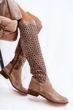 Discount Boto Zamszowe Kozaki Z Ażurowym Wzorem Ciemnobeżowe Pointe