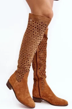 Outlet Boto Zamszowe Kozaki Z Ażurowym Wzorem Camel Pointe