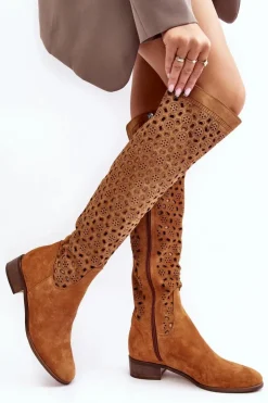 Outlet Boto Zamszowe Kozaki Z Ażurowym Wzorem Camel Pointe