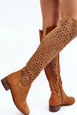 Outlet Boto Zamszowe Kozaki Z Ażurowym Wzorem Camel Pointe