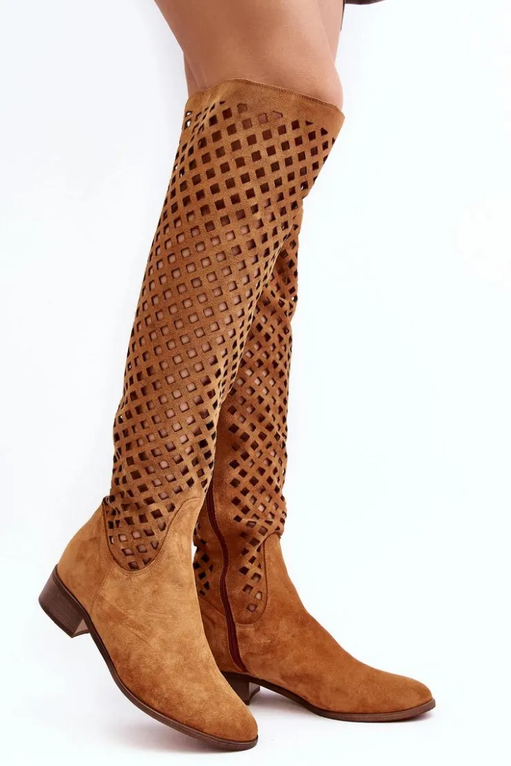 Boto Muszkieterki|Kozaki Wiosenne*Zamszowe Kozaki Z Ażurowym Wzorem Camel Arinna