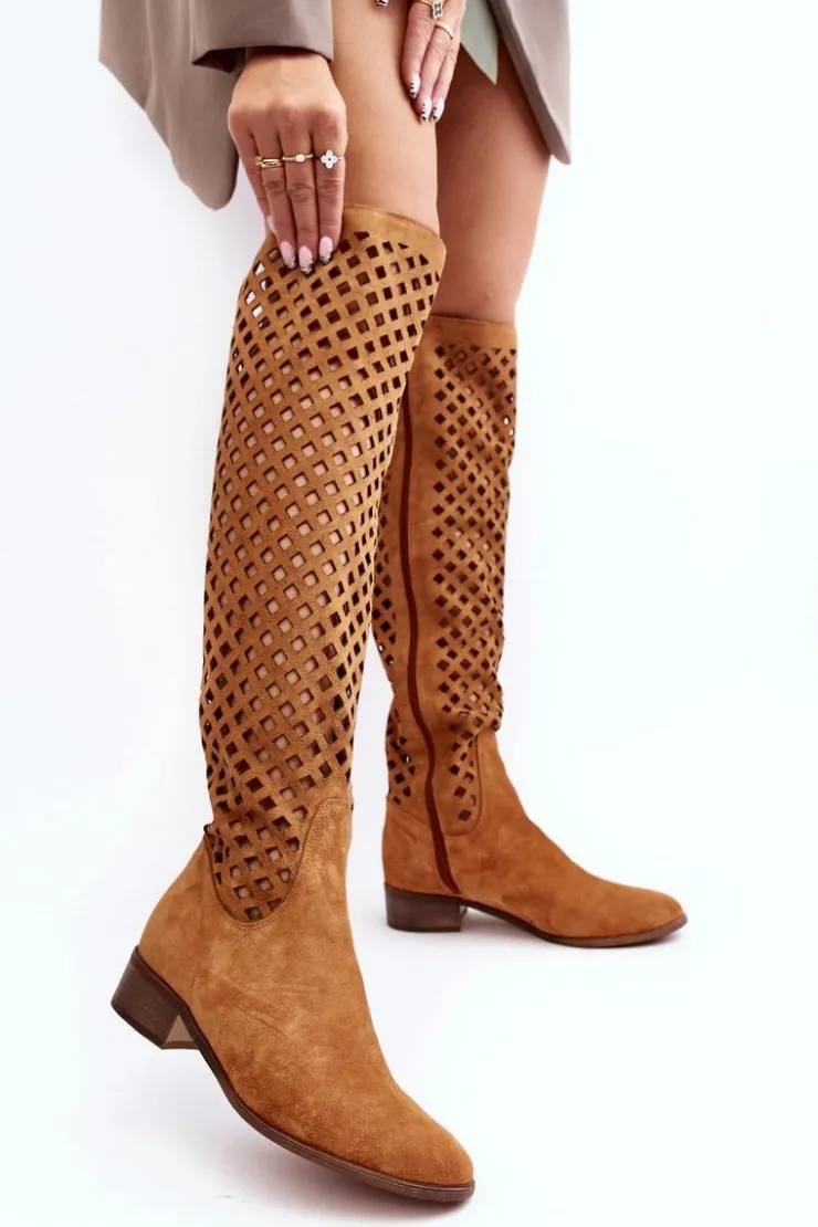 Boto Muszkieterki|Kozaki Wiosenne*Zamszowe Kozaki Z Ażurowym Wzorem Camel Arinna
