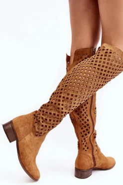 Boto Muszkieterki|Kozaki Wiosenne*Zamszowe Kozaki Z Ażurowym Wzorem Camel Arinna