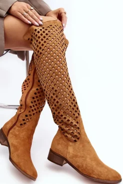 Boto Muszkieterki|Kozaki Wiosenne*Zamszowe Kozaki Z Ażurowym Wzorem Camel Arinna