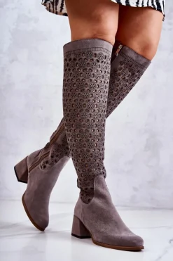 Damskie Boto Zamszowe Kozaki Z Ażurowym Wzorem Szare Hekilea