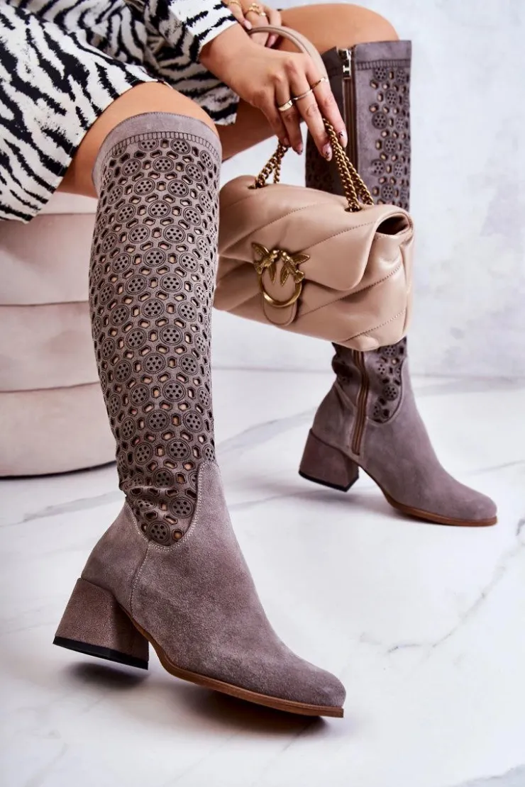 Damskie Boto Zamszowe Kozaki Z Ażurowym Wzorem Szare Hekilea