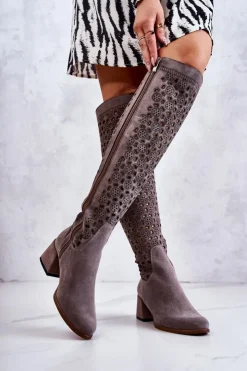 Damskie Boto Zamszowe Kozaki Z Ażurowym Wzorem Szare Hekilea