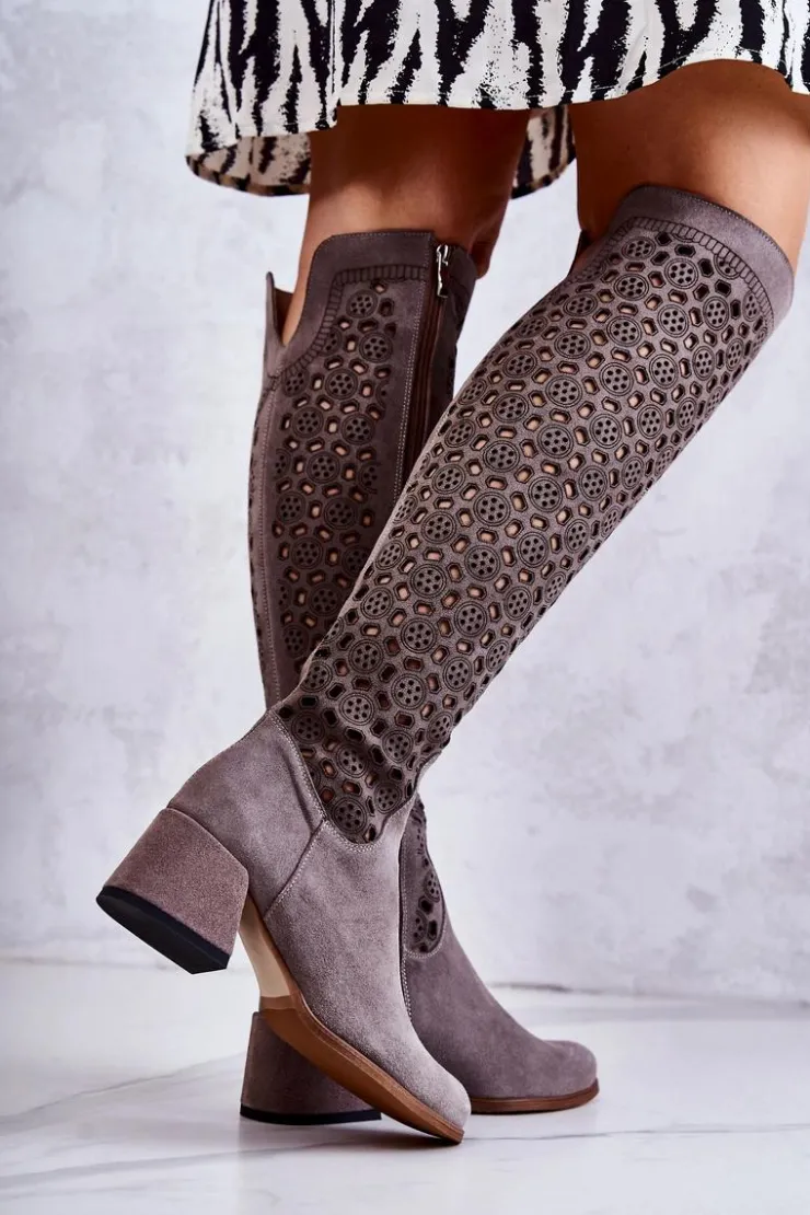 Damskie Boto Zamszowe Kozaki Z Ażurowym Wzorem Szare Hekilea