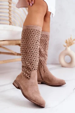 Damskie buty S.Barski Kozaki Wiosenne|Kozaki Płaskie*Zamszowe Kozaki Z Ażurowym Wzorem Beżowe Darnell