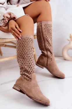 Damskie buty S.Barski Kozaki Wiosenne|Kozaki Płaskie*Zamszowe Kozaki Z Ażurowym Wzorem Beżowe Darnell