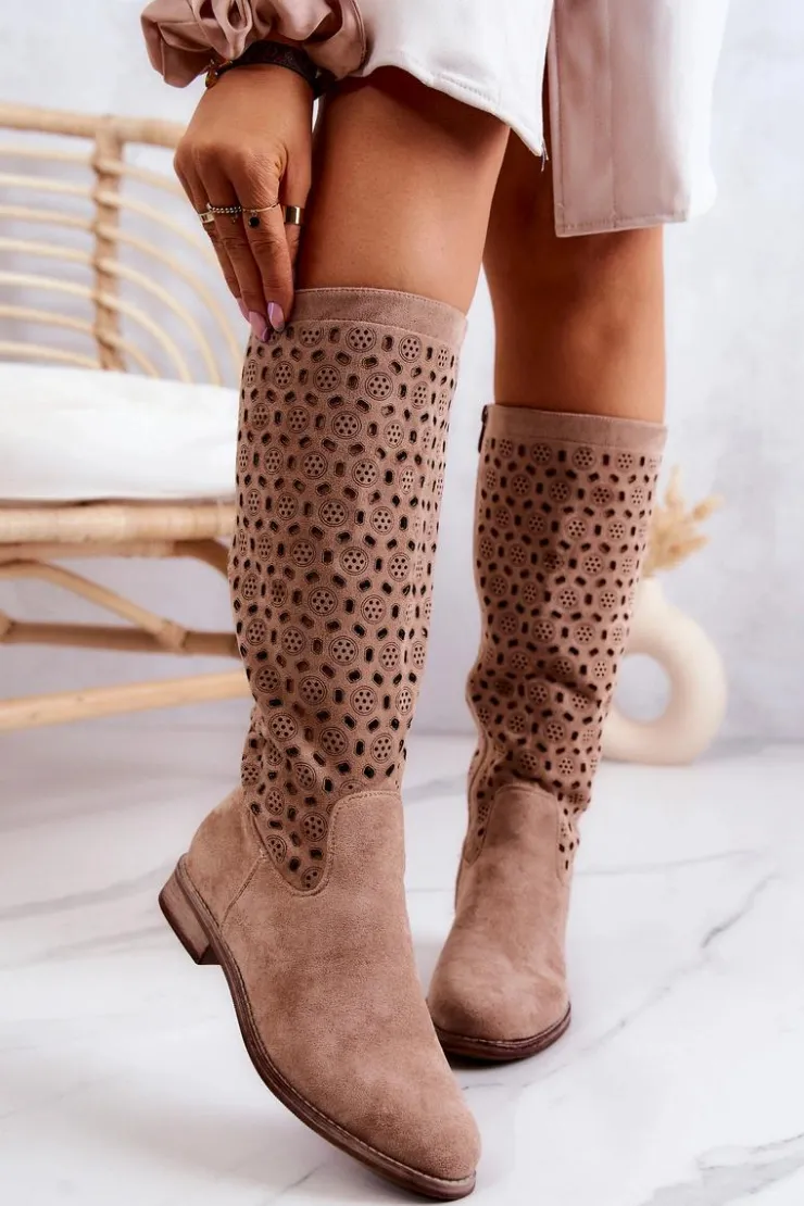 Damskie buty S.Barski Kozaki Wiosenne|Kozaki Płaskie*Zamszowe Kozaki Z Ażurowym Wzorem Beżowe Darnell