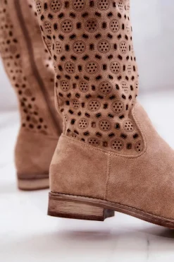Damskie buty S.Barski Kozaki Wiosenne|Kozaki Płaskie*Zamszowe Kozaki Z Ażurowym Wzorem Beżowe Darnell