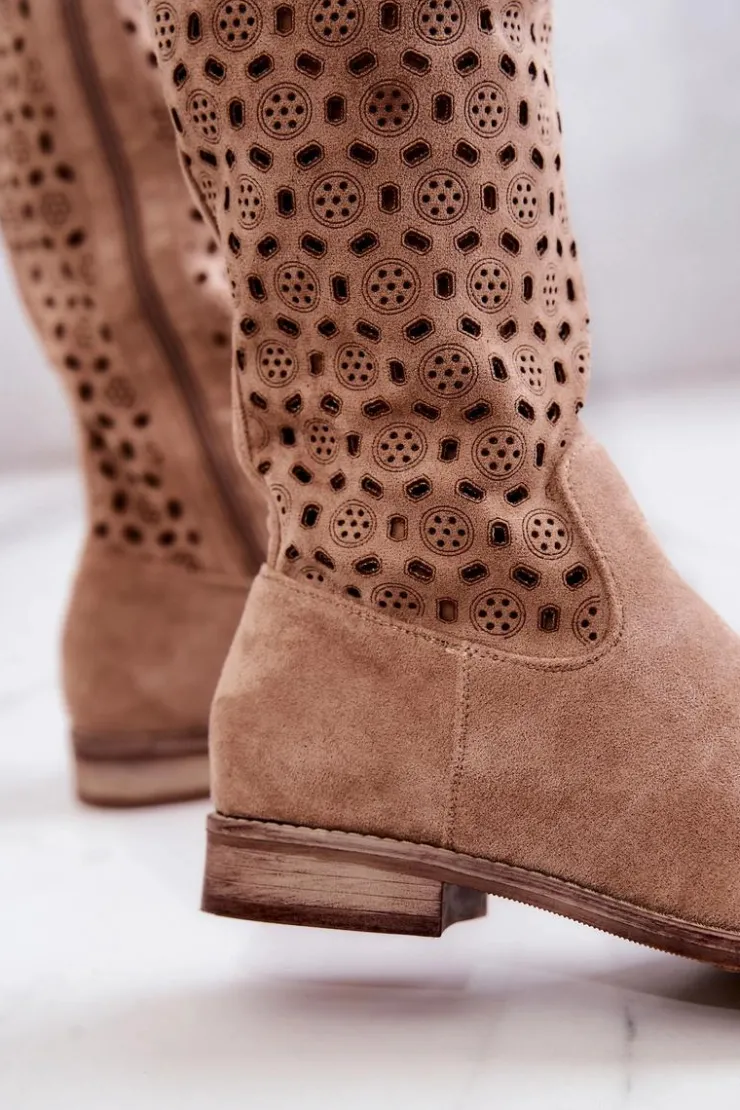 Damskie buty S.Barski Kozaki Wiosenne|Kozaki Płaskie*Zamszowe Kozaki Z Ażurowym Wzorem Beżowe Darnell