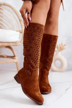 Damskie Damskie buty S.Barski Zamszowe Kozaki Z Ażurowym Wzorem Camel Darnell