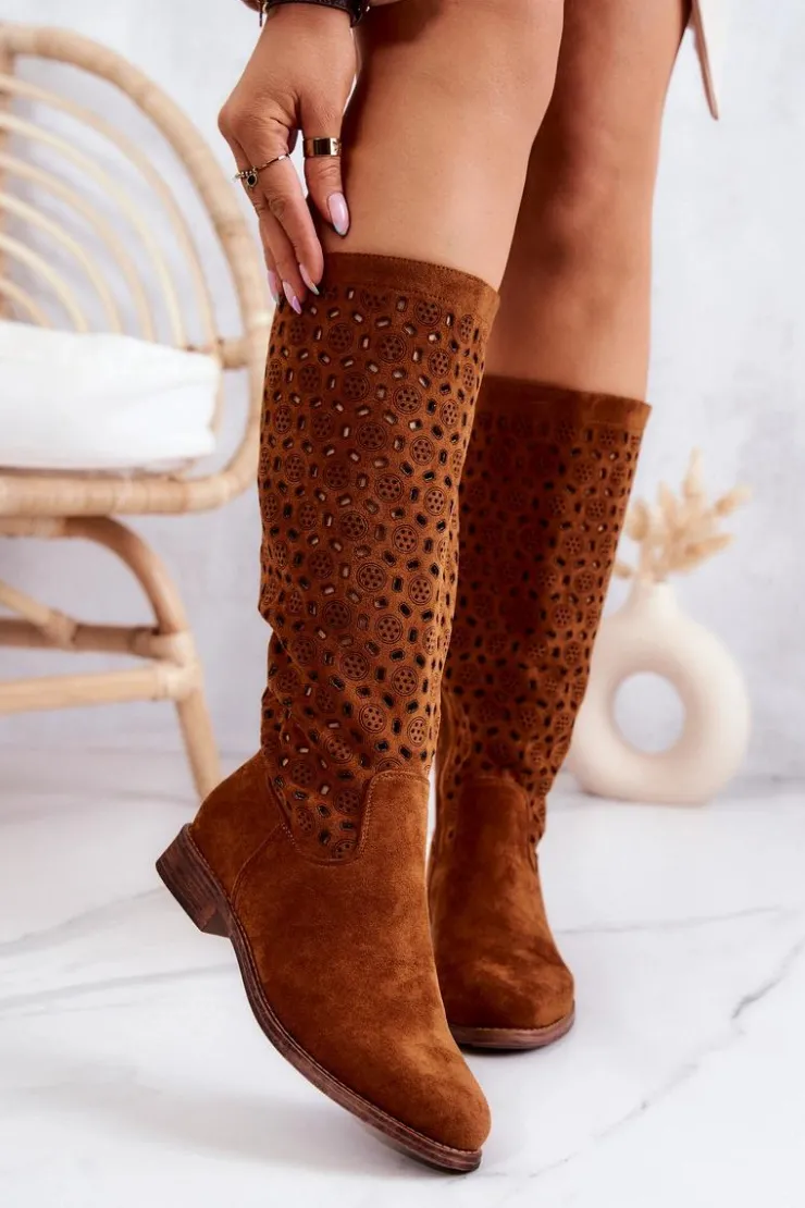 Damskie Damskie buty S.Barski Zamszowe Kozaki Z Ażurowym Wzorem Camel Darnell