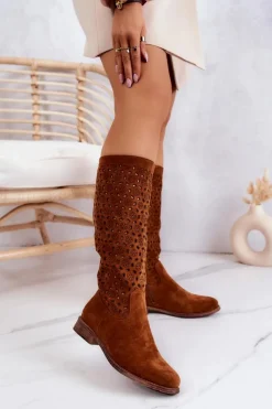 Damskie Damskie buty S.Barski Zamszowe Kozaki Z Ażurowym Wzorem Camel Darnell