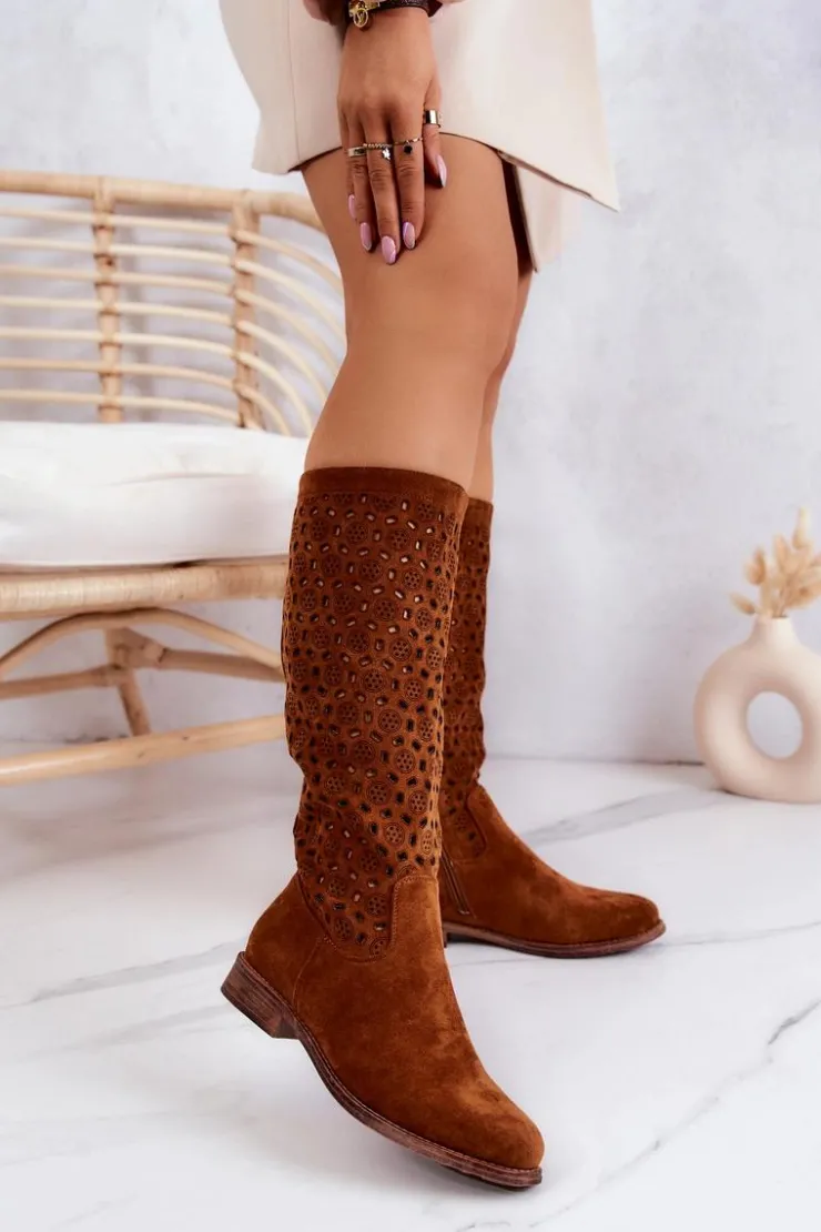 Damskie Damskie buty S.Barski Zamszowe Kozaki Z Ażurowym Wzorem Camel Darnell