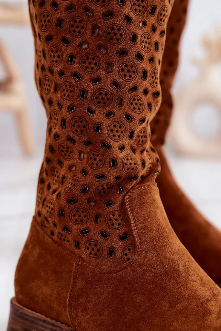 Damskie Damskie buty S.Barski Zamszowe Kozaki Z Ażurowym Wzorem Camel Darnell