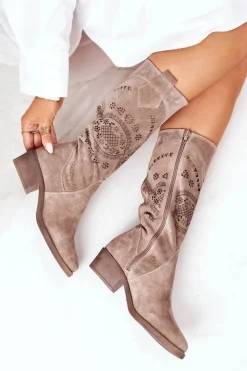 Boto Kozaki Wiosenne|Kozaki Płaskie*Zamszowe Kozaki Z Ażurowym Wzorem Cappuccino Sierra