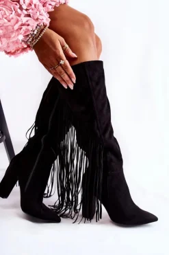 Damskie Boto Zamszowe Kozaki Z Frędzlami Czarne Avilla