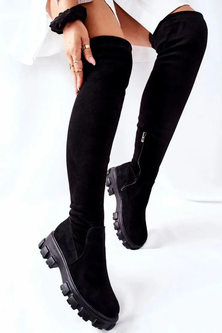 Outlet Boto Zamszowe Kozaki Za Kolano Na Suwak Czarne Creen