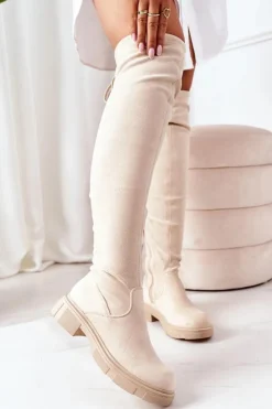 Boto Kozaki Wiosenne|Kozaki Płaskie*Zamszowe Kozaki Za Kolano Beżowe Selina