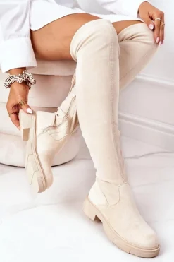 Boto Kozaki Wiosenne|Kozaki Płaskie*Zamszowe Kozaki Za Kolano Beżowe Selina