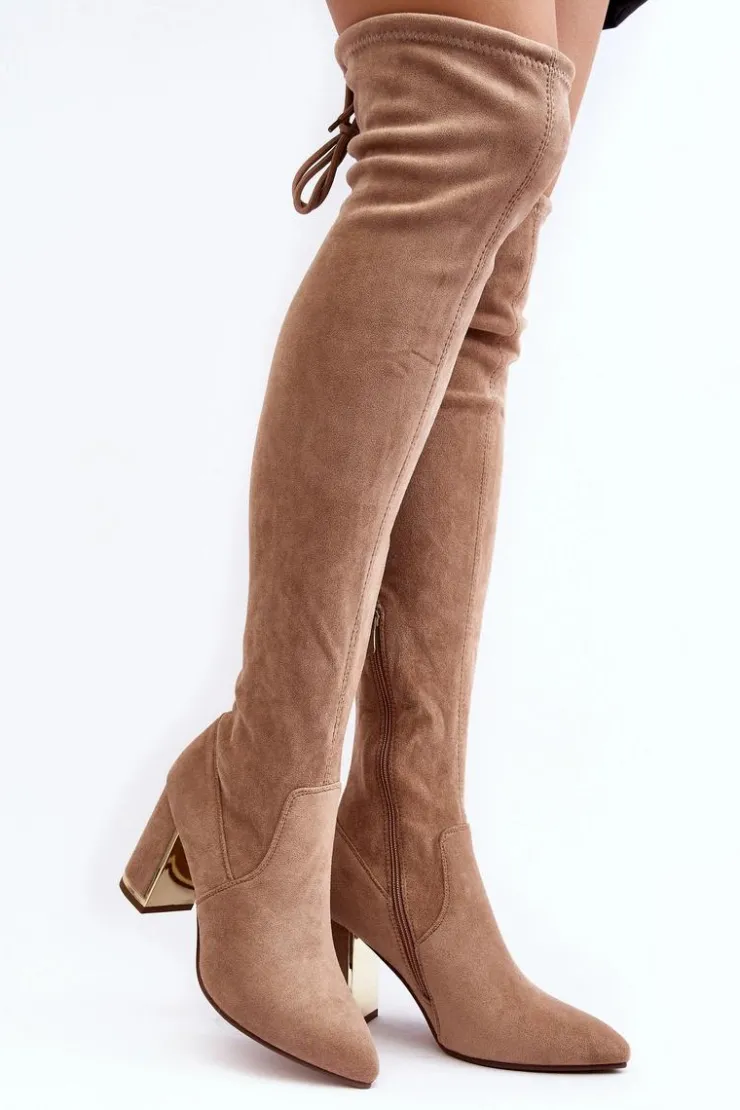 Damskie Boto Zamszowe Kozaki Za Kolano Na Słupku Beżowe Amalitas