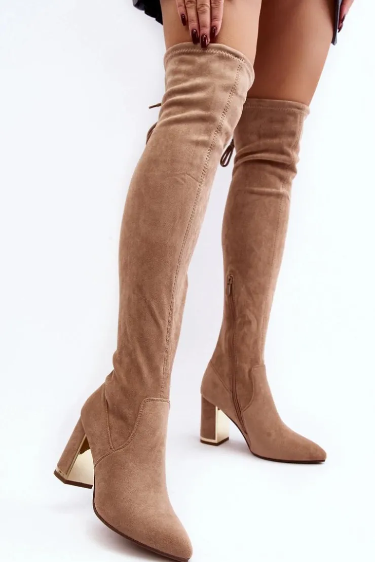 Damskie Boto Zamszowe Kozaki Za Kolano Na Słupku Beżowe Amalitas