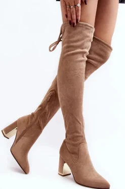 Damskie Boto Zamszowe Kozaki Za Kolano Na Słupku Beżowe Amalitas