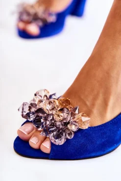 Boto Zamszowe Modne Czółenka Sandały Z Kryształkami Granatowe Nolissa