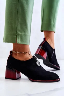 Damskie buty S.Barski Półbuty Lakierowane*Zamszowe Modne Półbuty Na Słupku Czarno-Czerwone Lorena