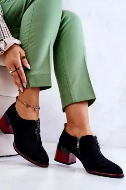 Damskie buty S.Barski Półbuty Lakierowane*Zamszowe Modne Półbuty Na Słupku Czarno-Czerwone Lorena