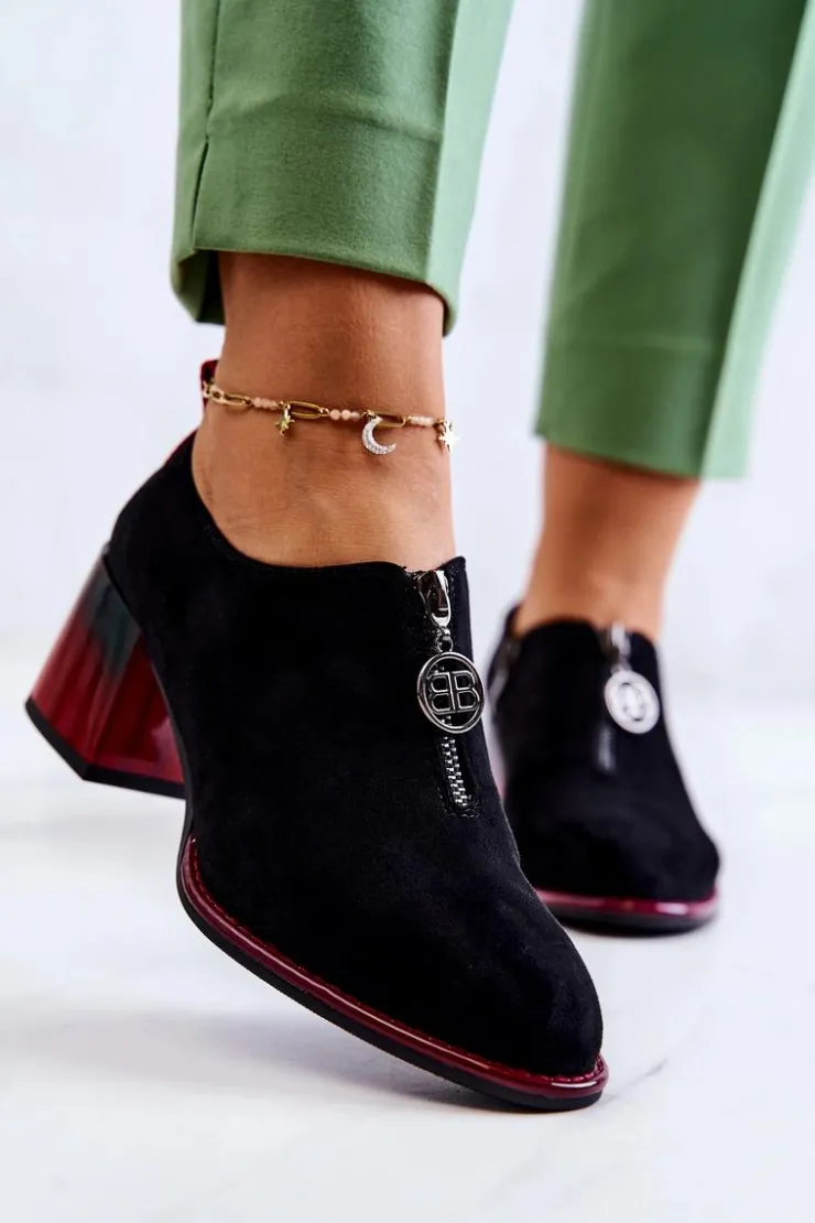 Damskie buty S.Barski Półbuty Lakierowane*Zamszowe Modne Półbuty Na Słupku Czarno-Czerwone Lorena