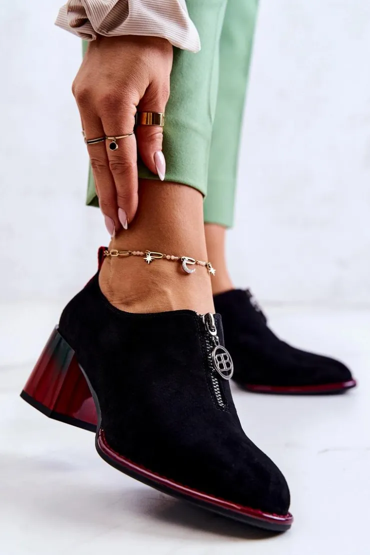 Damskie buty S.Barski Półbuty Lakierowane*Zamszowe Modne Półbuty Na Słupku Czarno-Czerwone Lorena