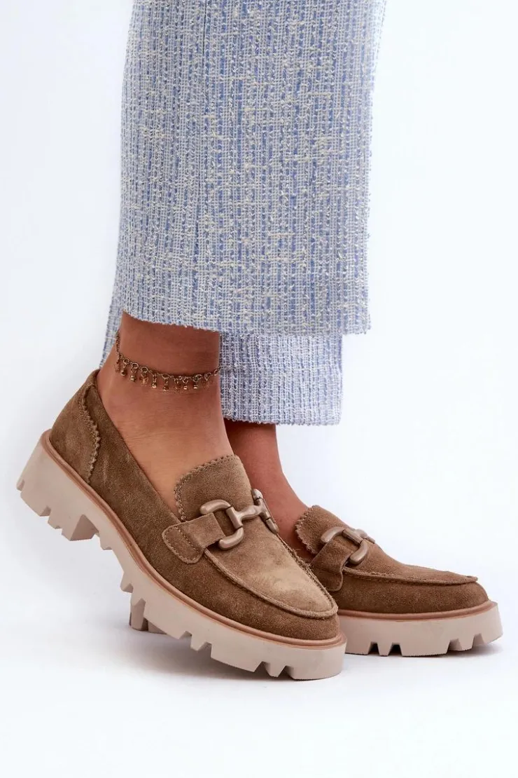 Discount Damskie buty S.Barski Zamszowe Mokasyny Damskie Z Ozdobą D&A TW117 Brązowe Brązowy