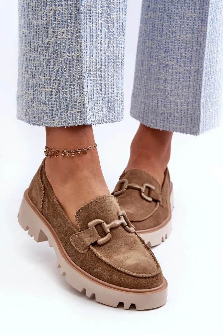 Discount Damskie buty S.Barski Zamszowe Mokasyny Damskie Z Ozdobą D&A TW117 Brązowe Brązowy