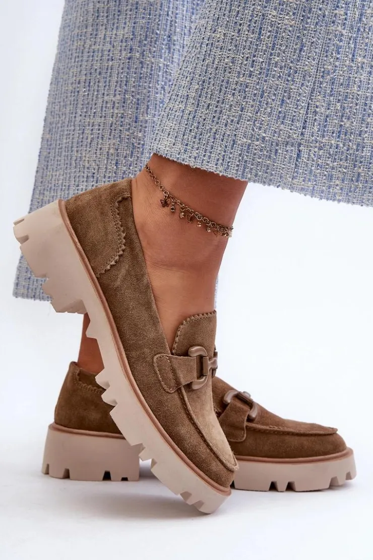 Discount Damskie buty S.Barski Zamszowe Mokasyny Damskie Z Ozdobą D&A TW117 Brązowe Brązowy