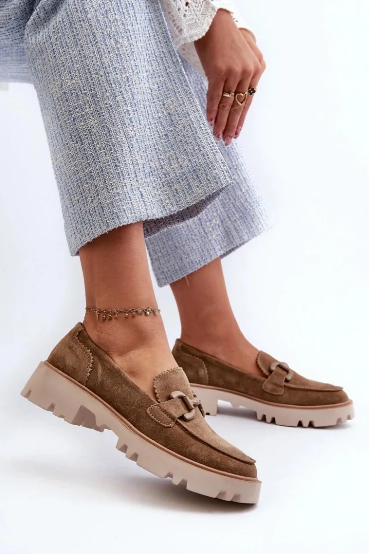 Discount Damskie buty S.Barski Zamszowe Mokasyny Damskie Z Ozdobą D&A TW117 Brązowe Brązowy