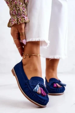 Evento Loafersy Damskie|Mokasyny Damskie Zamszowe*Zamszowe Mokasyny Damskie Z Frędzlami Granatowe Laressa