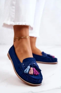 Evento Loafersy Damskie|Mokasyny Damskie Zamszowe*Zamszowe Mokasyny Damskie Z Frędzlami Granatowe Laressa
