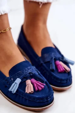 Evento Loafersy Damskie|Mokasyny Damskie Zamszowe*Zamszowe Mokasyny Damskie Z Frędzlami Granatowe Laressa