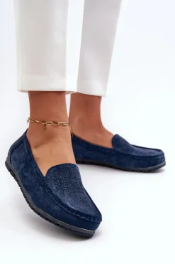 Damskie buty S.Barski Loafersy Damskie|Mokasyny Damskie Skórzane*Zamszowe Mokasyny Damskie Granatowe S.Barski LR755 Niebieski