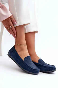 Damskie buty S.Barski Loafersy Damskie|Mokasyny Damskie Skórzane*Zamszowe Mokasyny Damskie Granatowe S.Barski LR755 Niebieski