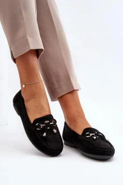 Damskie Boto Zamszowe Mokasyny Damskie Ozdobą Czarne Daphikaia