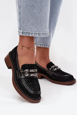 Damskie D&A Zamszowe Mokasyny Damskie Z Ozdobą MR52-176 Czarne