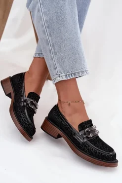 Damskie D&A Zamszowe Mokasyny Damskie Z Ozdobą MR52-176 Czarne