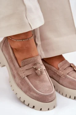 Buty damskie Vinceza Loafersy Damskie|Mokasyny Płaskie*Zamszowe Mokasyny Damskie Z Przypinką Miś Vinceza 79533 Beżowe Beżowy